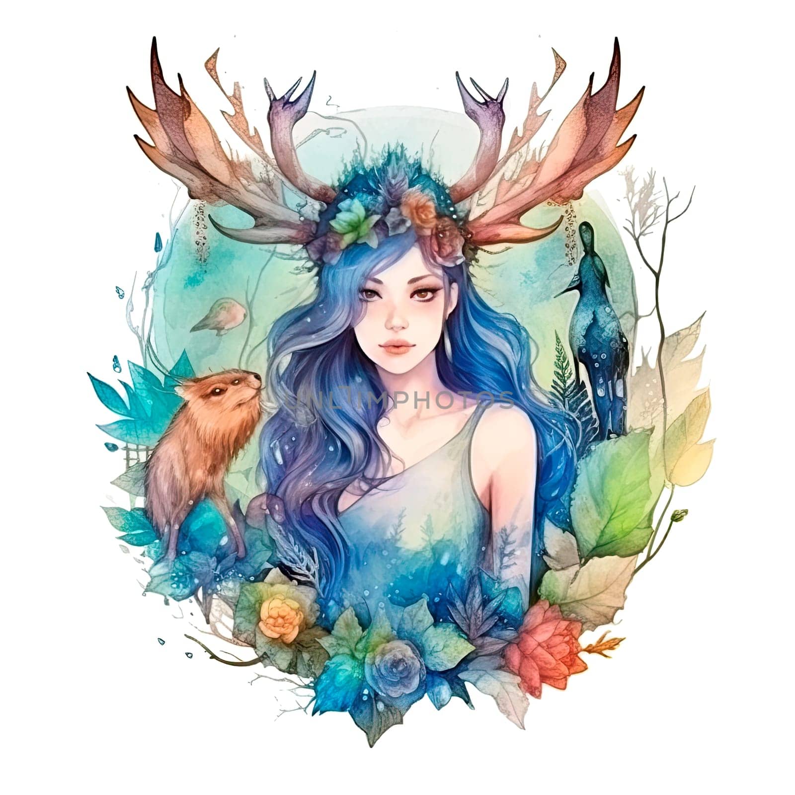 Watercolor illustration of a woodland nymph. Ai generative