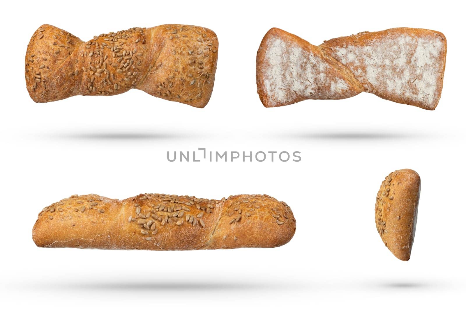 Set of loaves of fresh bread on a white isolated background. Side, top, bottom view. Fresh bread to insert into a project or design. Fresh bread with seeds and full grains casts a shadow under it. by SERSOL