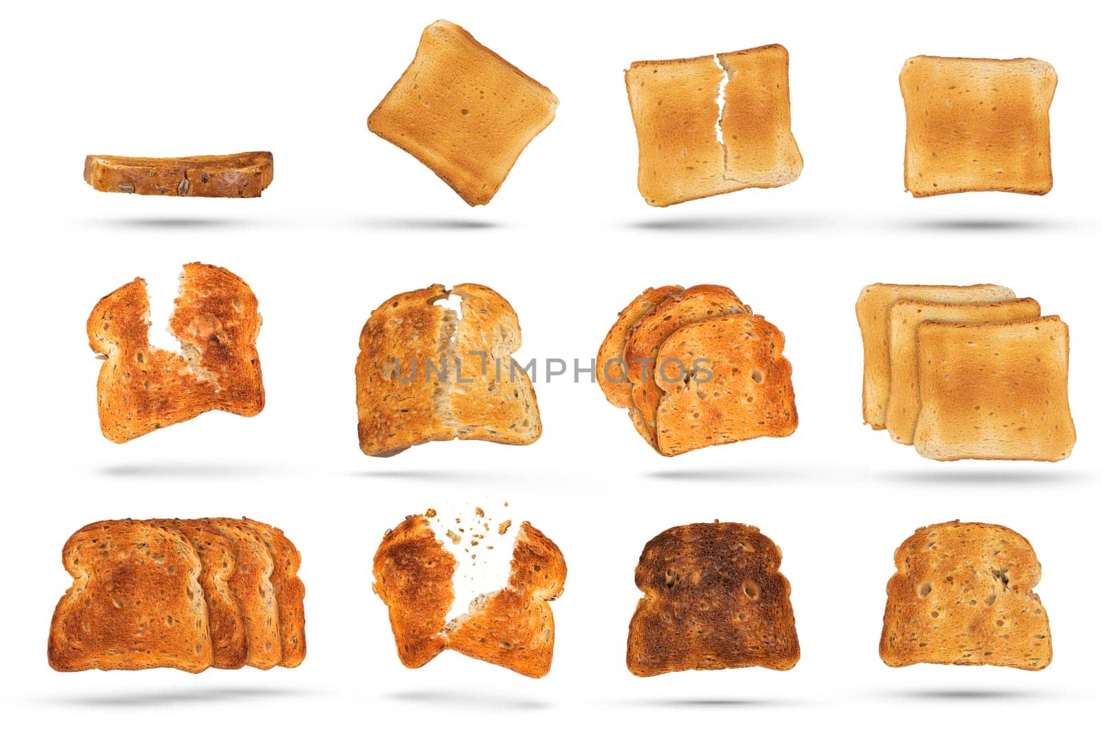Big set of different toasted bread slices from toaster isolated on white background. Diet food or light breakfast concept, golden bread slices for design or project. High quality photo