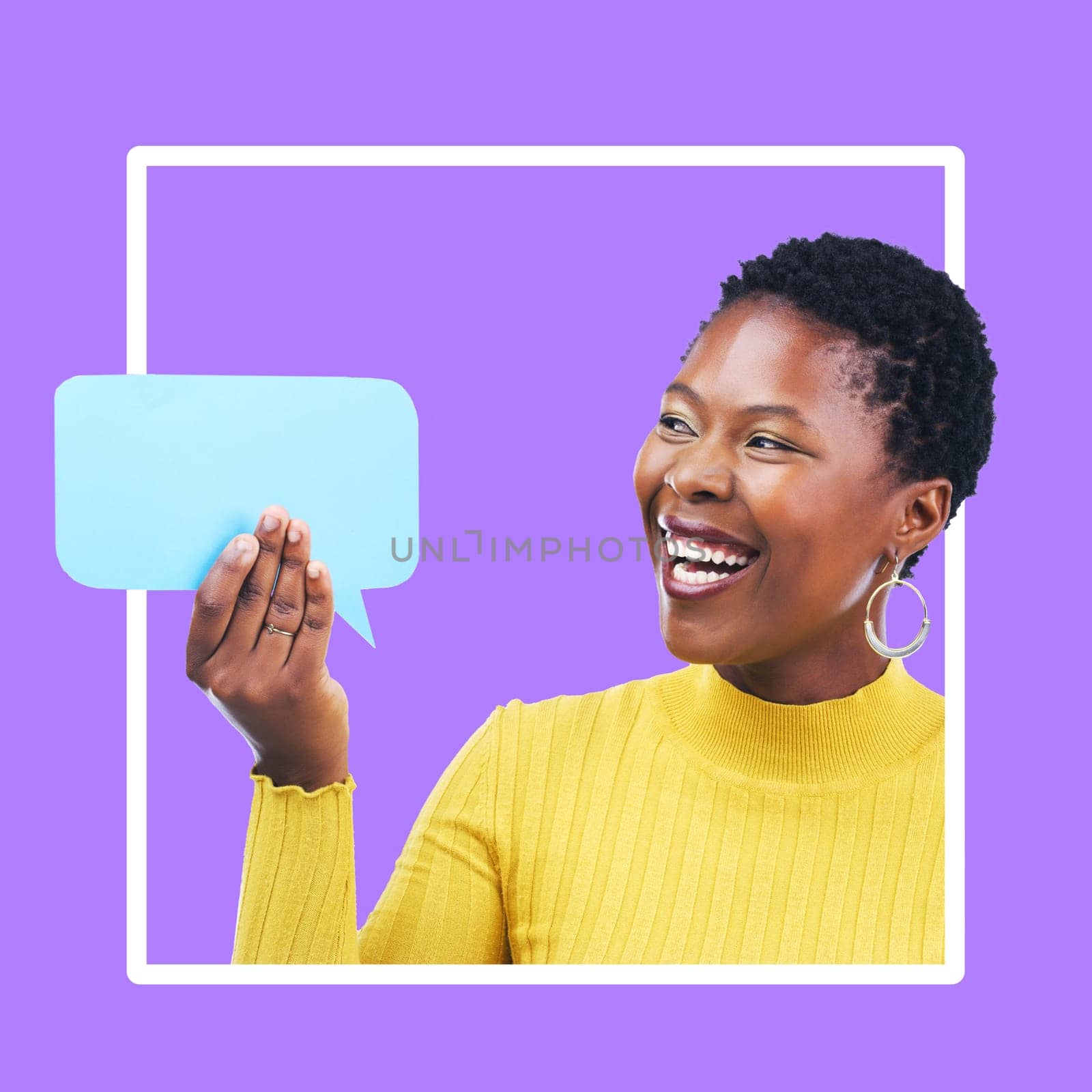 Social media, chat and black woman with a speech bubble for communication isolated on a background. Mockup, review and laughing African girl holding a board for news, a voice and announcement.