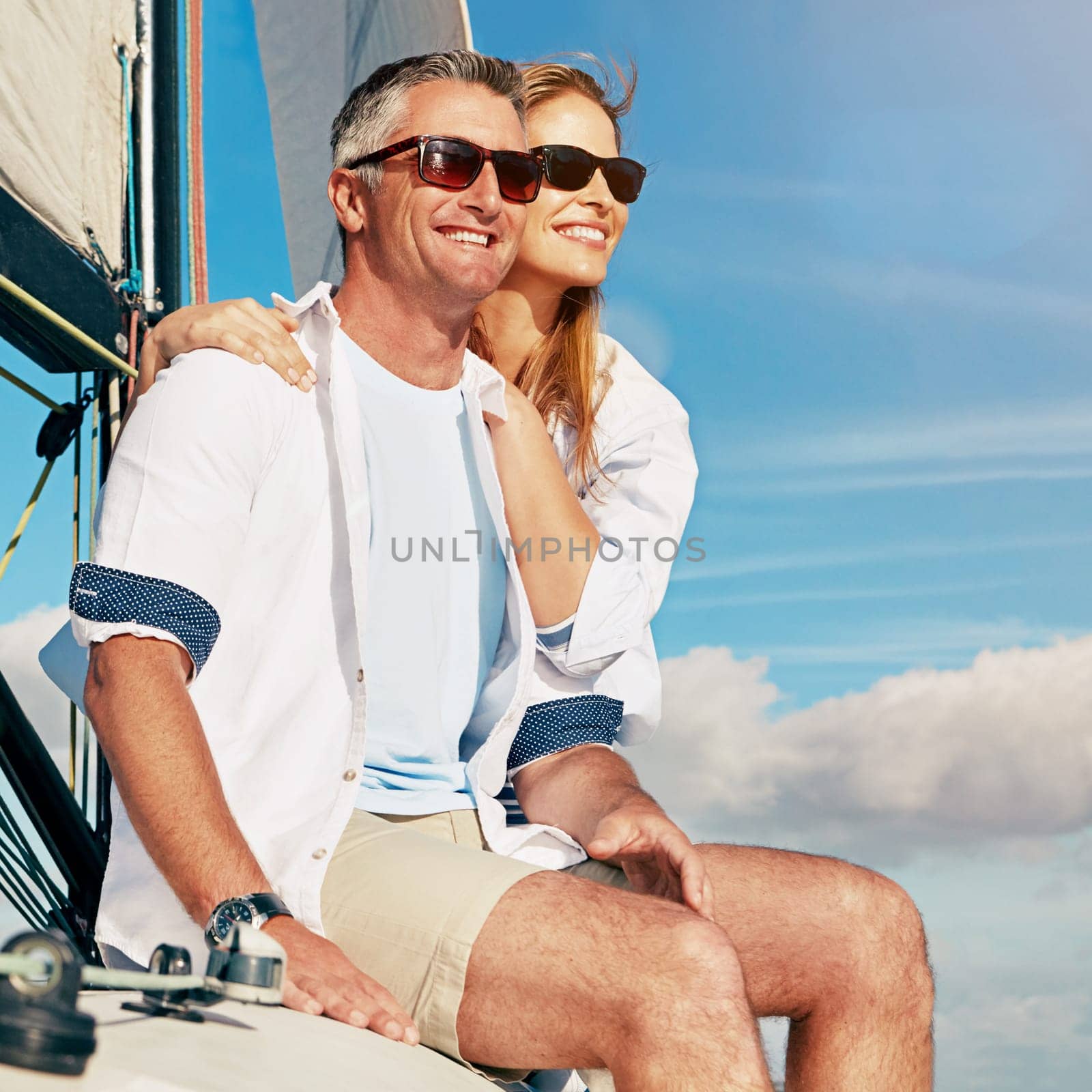 Couple sailing on yacht, adventure and travel, vacation with sea view, love and commitment with blue sky. Man, woman and happiness, marriage and honeymoon in Italy with summer holiday outdoor.