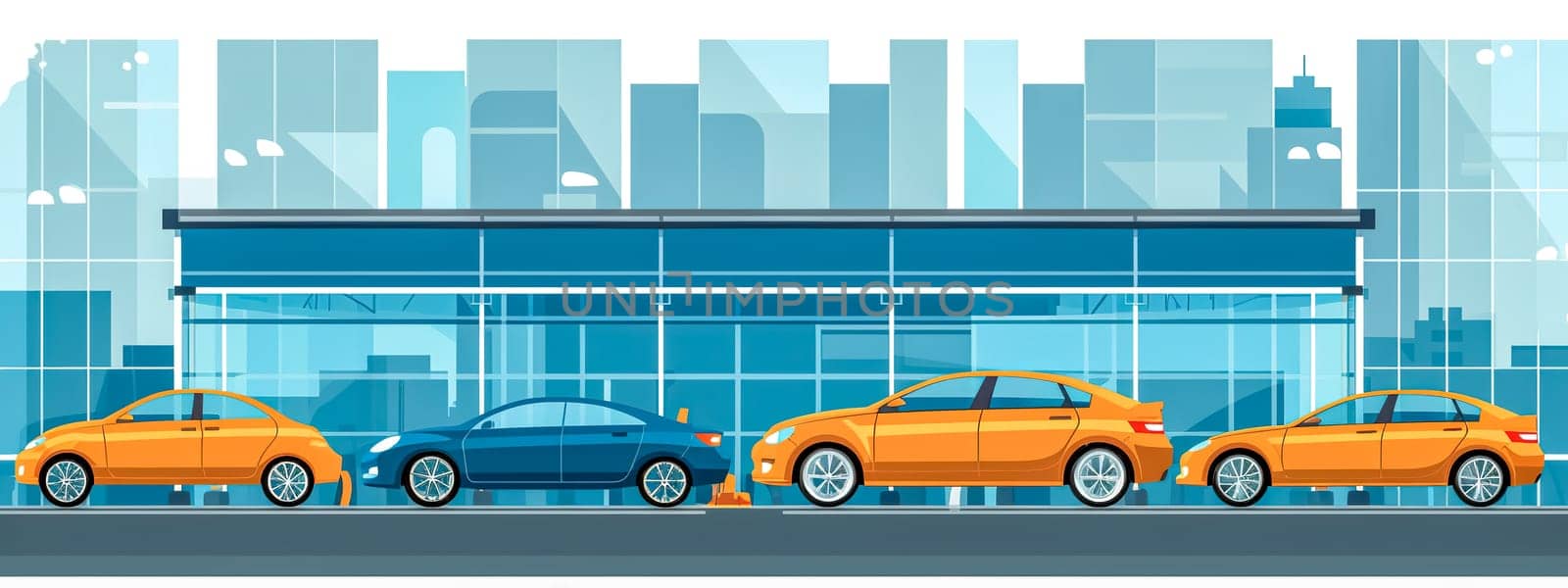 different models cars in front of the car showroom, made with Generative AI. High quality illustration