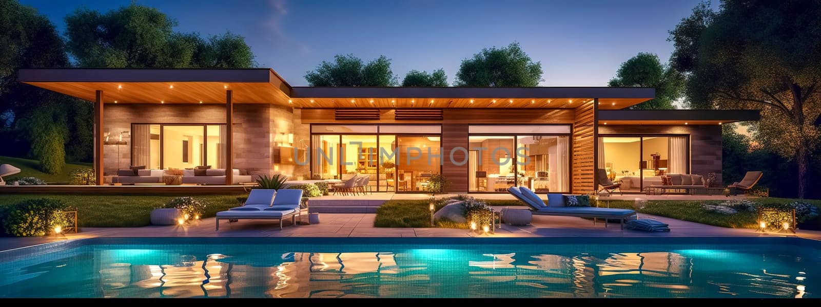 luxury villa with pool, illuminated at night, concept of life of rich successful people, exclusive real estate for sale, made with Generative AI.