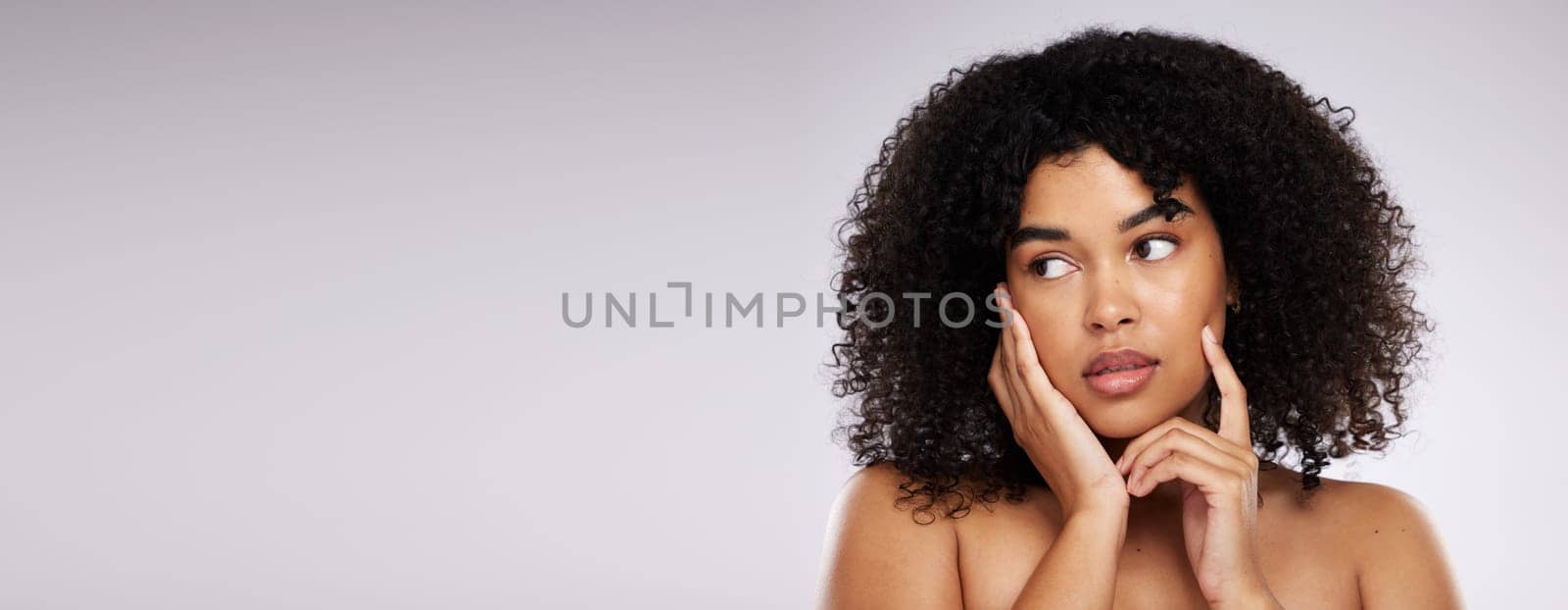 Mockup, skincare and black woman thinking, cosmetics and dermatology against grey studio background. African American female, lady and makeup for salon luxury treatment, organic facial and beauty.