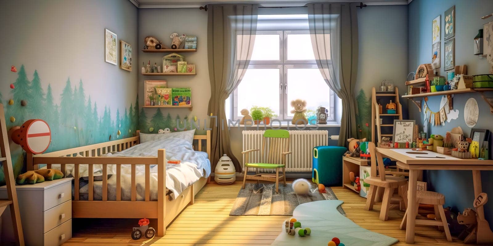 children room with bed, table and toys, photorealistic banner, made with Generative AI. High quality illustration