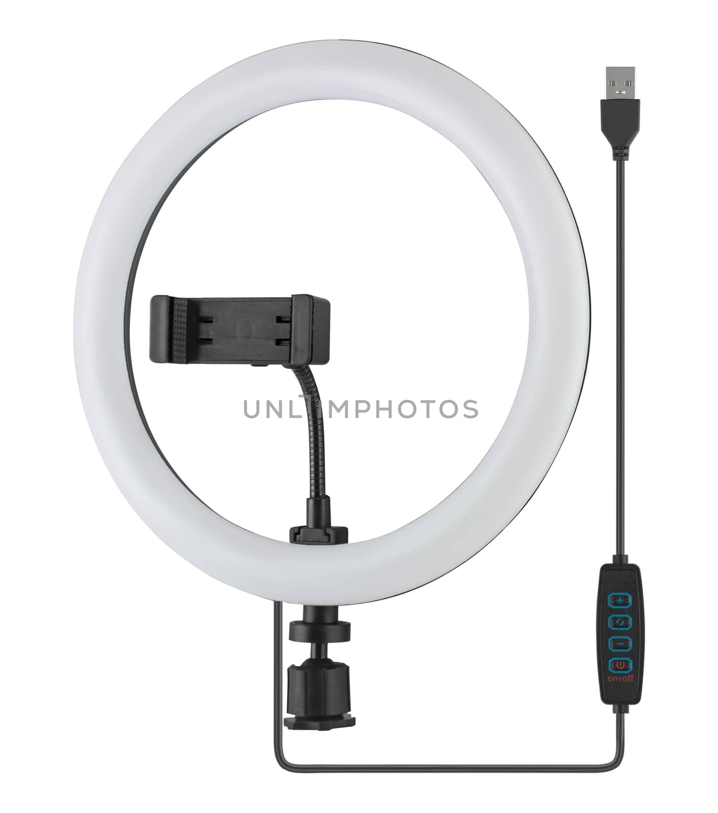 LED ring light, for selfies, with phone holder, white background in insulation