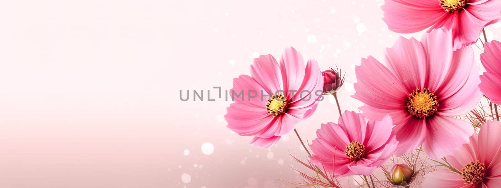 red gerbera flowers on a pink background, banner with copy space, made with Generative AI. High quality illustration