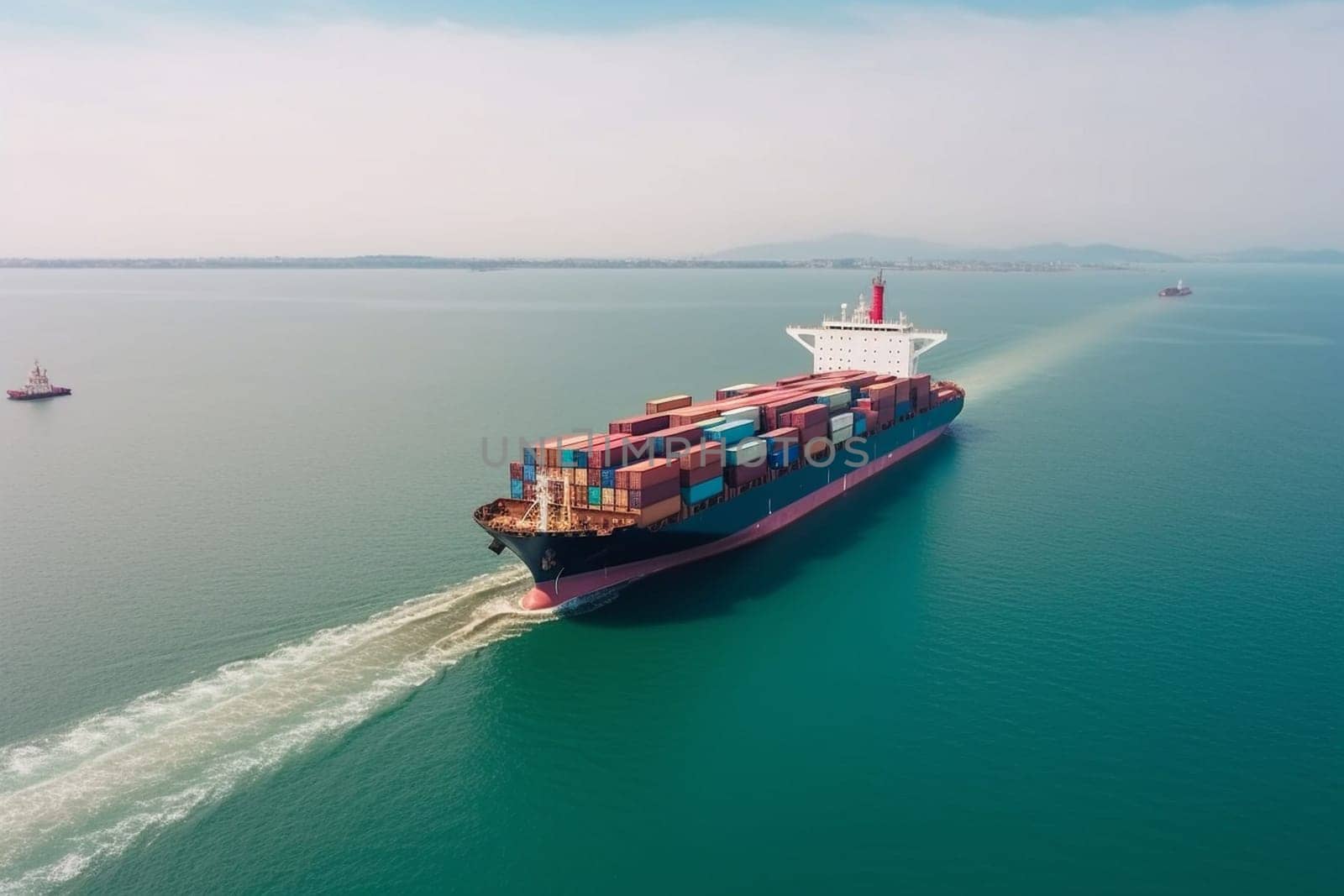 Panoramic aerial front view of a cargo ship carrying containers for import and export, business logistic and transportation in open sea with copy space by Costin