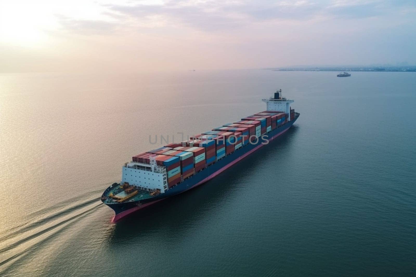 Panoramic aerial front view of a cargo ship carrying containers for import and export, business logistic and transportation in open sea with copy space by Costin