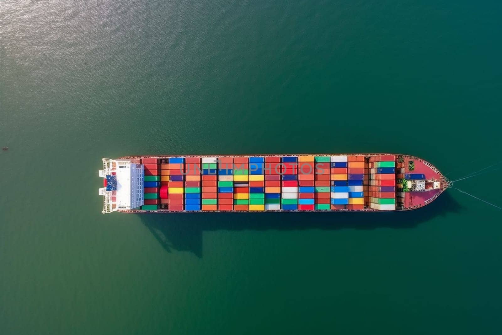Aerial view of a cargo ship carrying containers for import and export, business logistic and transportation in open sea with copy space . High quality photo