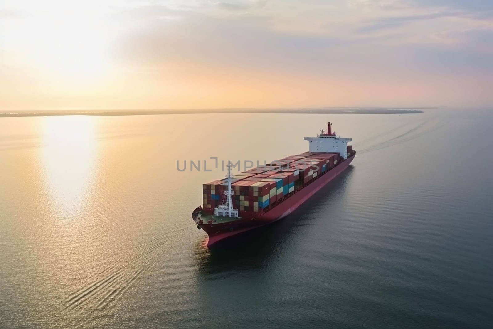 Panoramic aerial front view of a cargo ship carrying containers for import and export, business logistic and transportation in open sea with copy space . High quality image