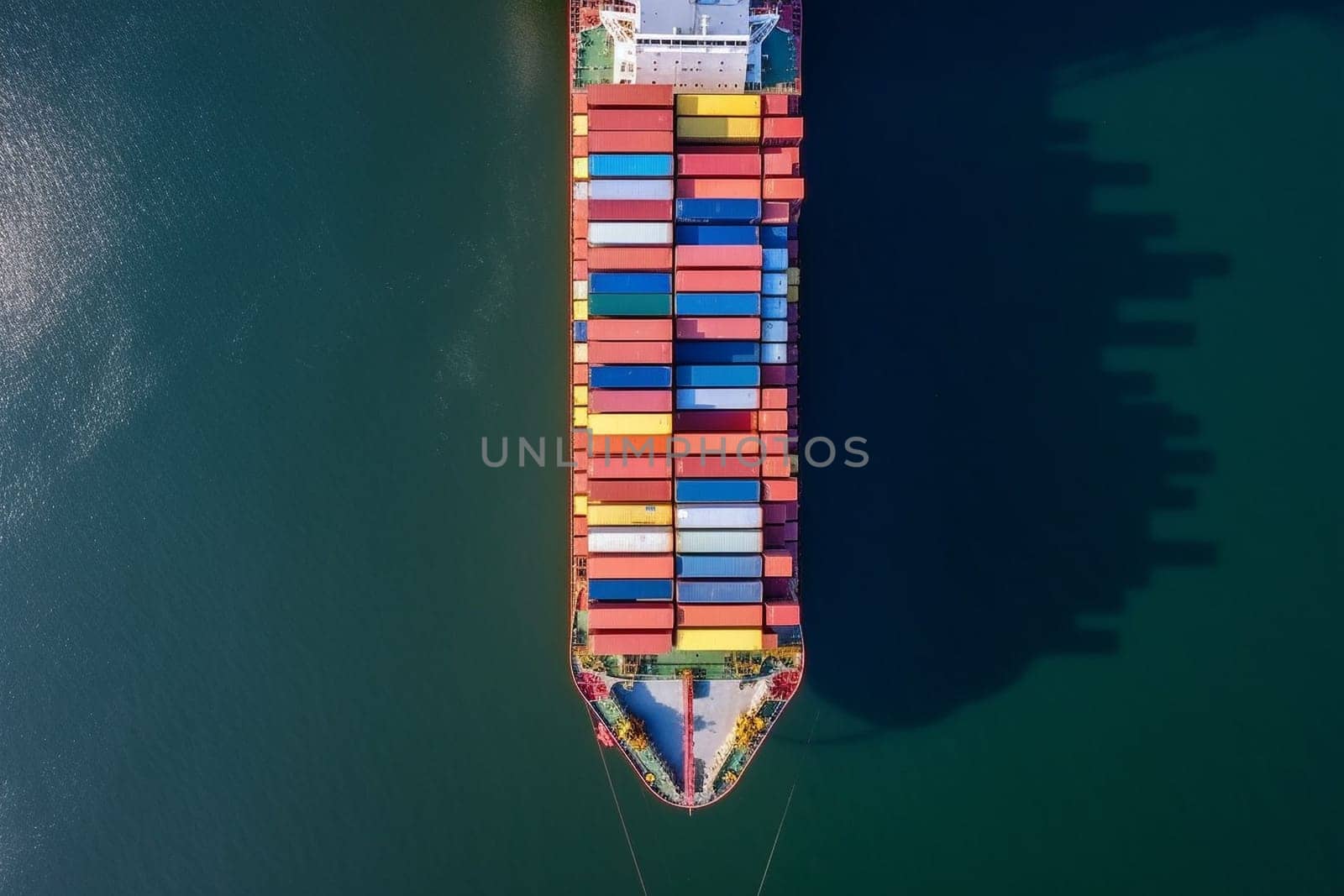 Aerial view of a cargo ship carrying containers for import and export, business logistic and transportation in open sea with copy space by Costin