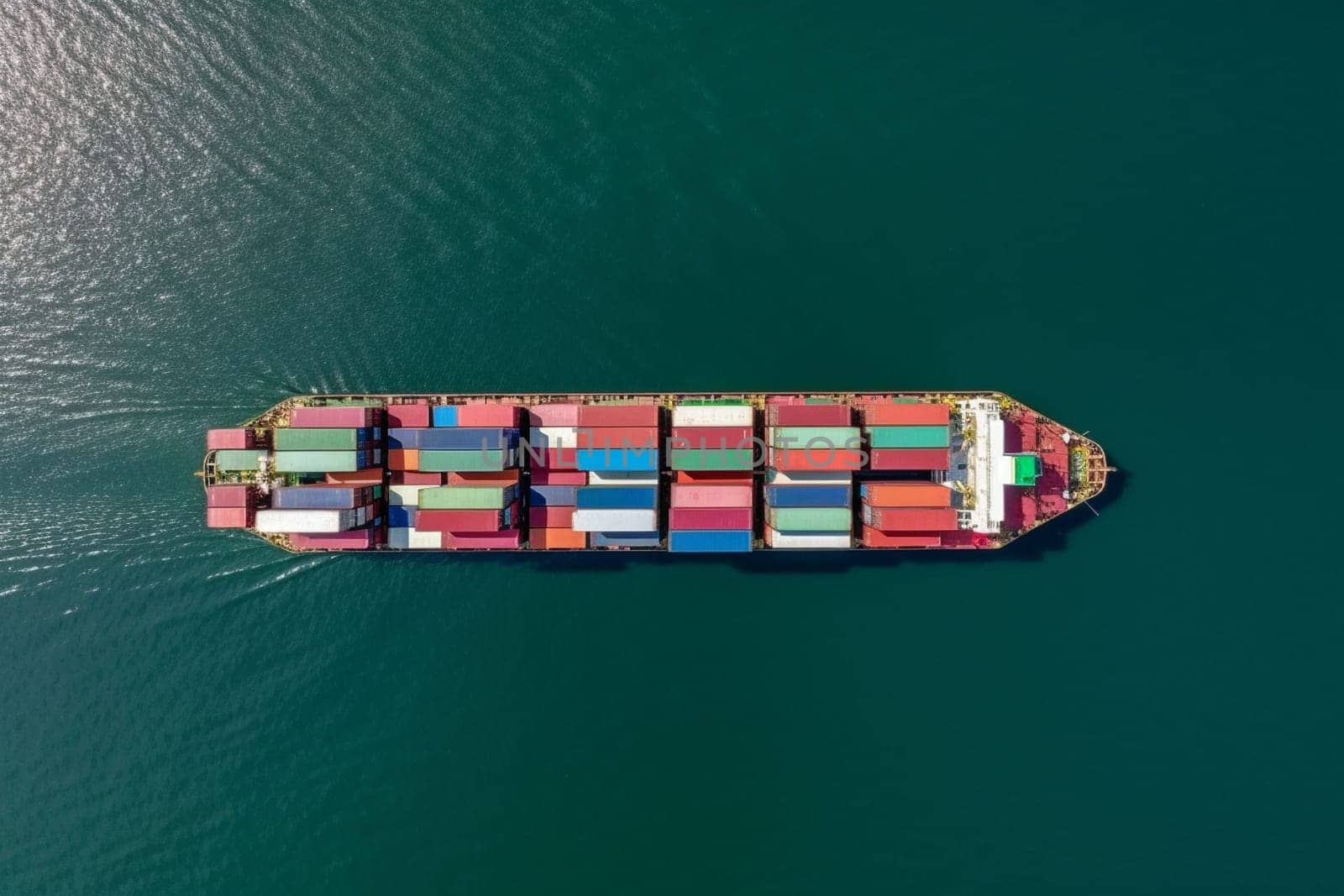 Aerial view of a cargo ship carrying containers for import and export, business logistic and transportation in open sea with copy space by Costin