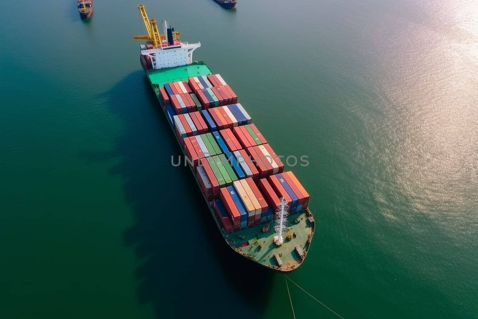 Aerial front view of a cargo ship carrying containers for import and export, business logistic and transportation in open sea with copy space by Costin