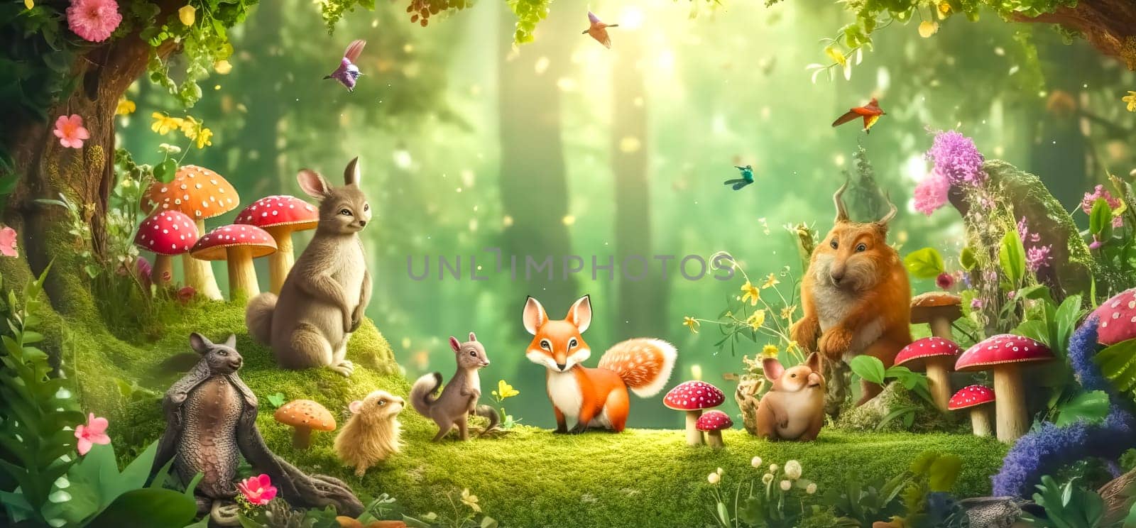 fantasy magic forest with animals, banner with copy space, made with Generative AI by Edophoto