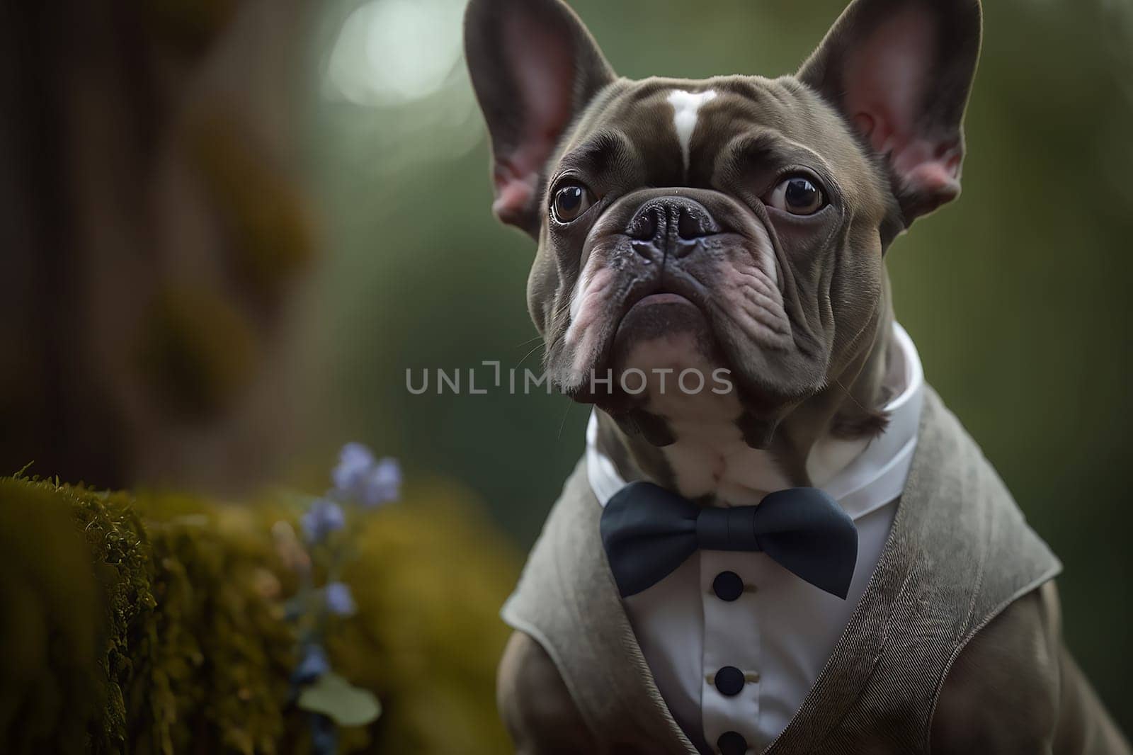 Portrait of serious dog, brown stylish French bulldog in a bow tie and a jacket, sitting indoors in evening . Ai generative