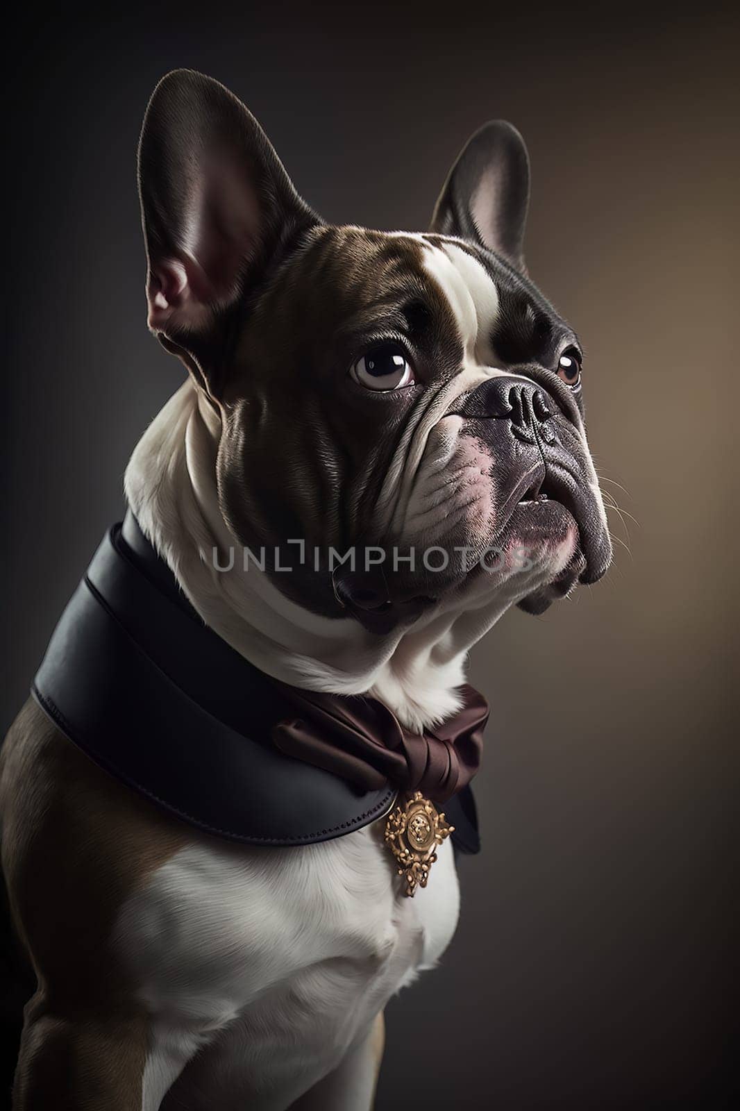 Portrait of a luxurious French bulldog dog, looking away, on a dark background. Vertical. Ai generative
