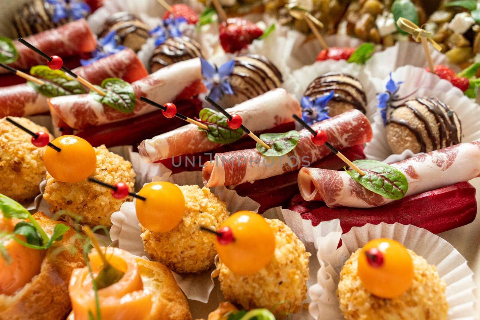 Catering service. Set of beautiful canapes. Buffet table. Shallow depth of view. by Matiunina