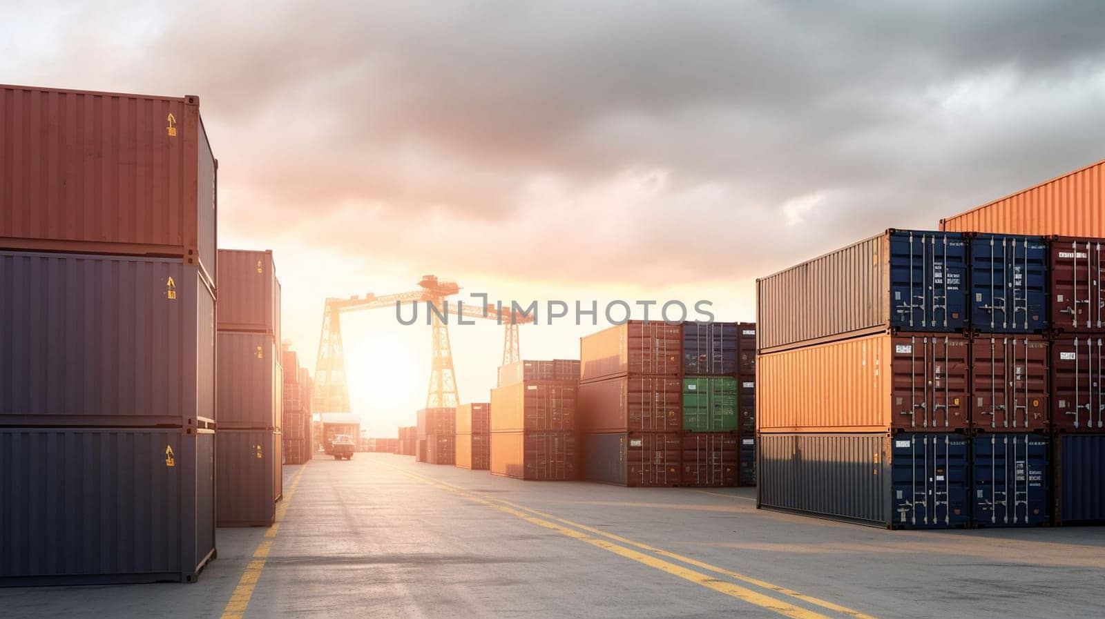 logistic import export and transport industry background. Logistics and transportation Concept of Container Cargo ship and Cargo plane with working crane bridge in shipyard at sunrise. by Costin