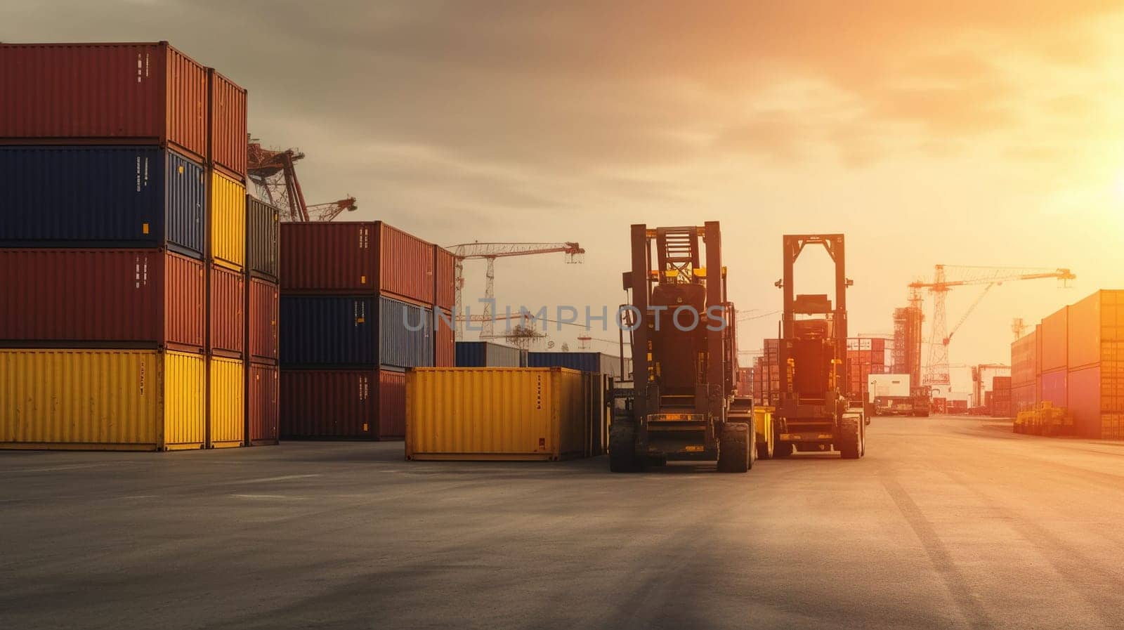 logistic import export and transport industry background. Logistics and transportation Concept of Container Cargo ship and Cargo plane with working crane bridge in shipyard at sunrise. High quality image