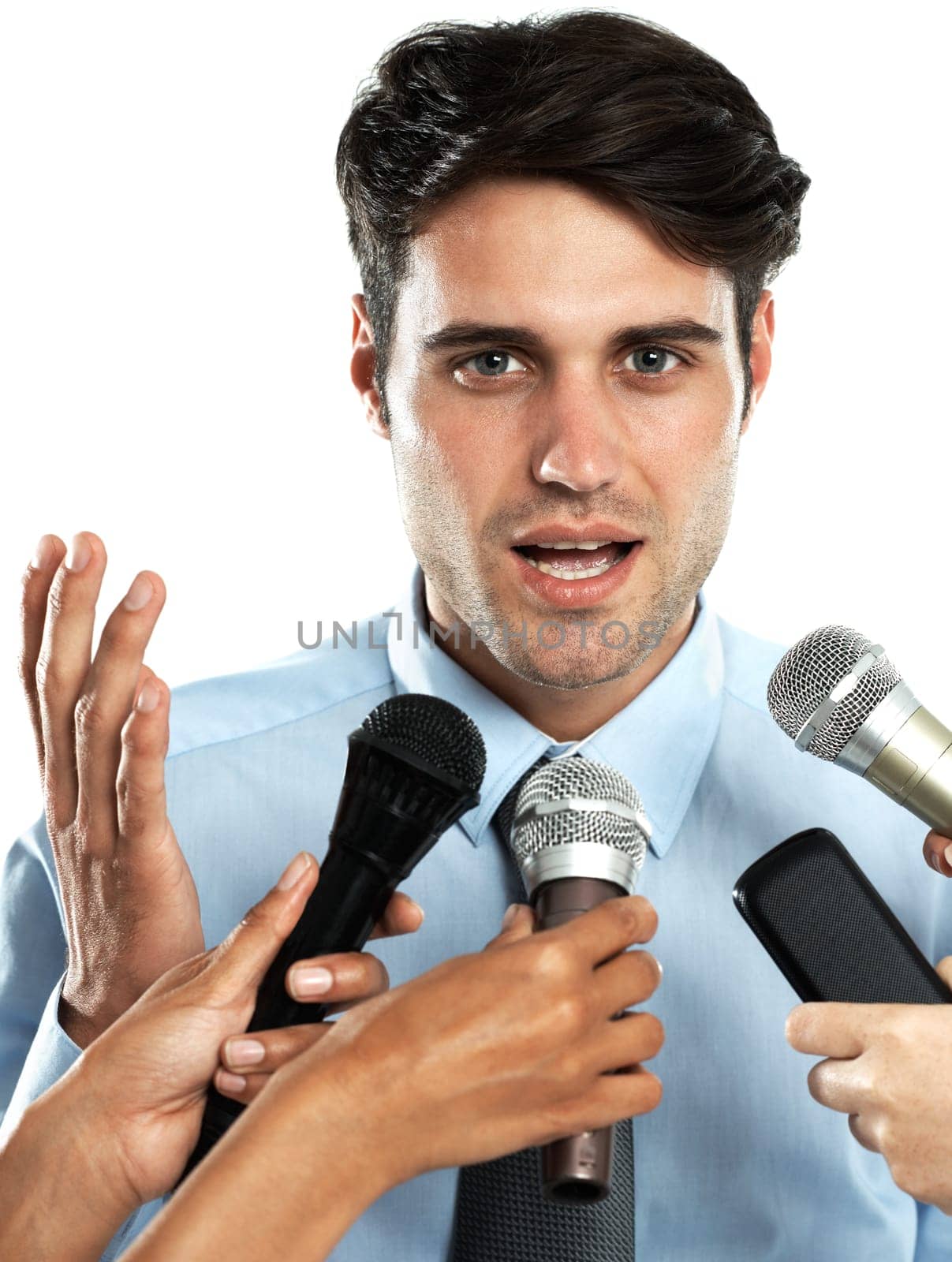 Reporter microphone, portrait and interview for businessman, government worker or speaker. Speech, communication and hands of news journalist asking question to politician on white background studio.