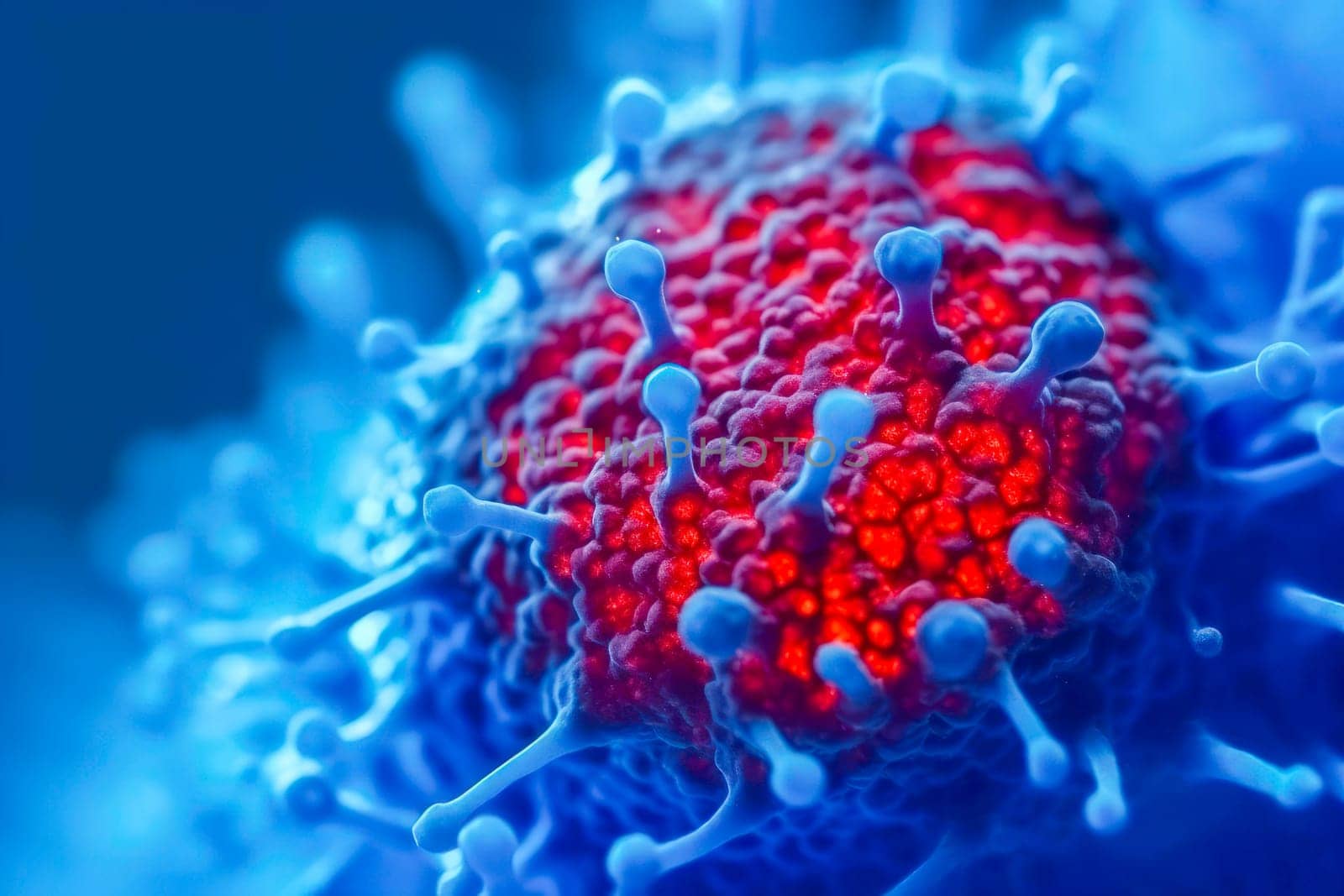 A close-up view of a blue virus diving into the bloodstream. Generative Ai