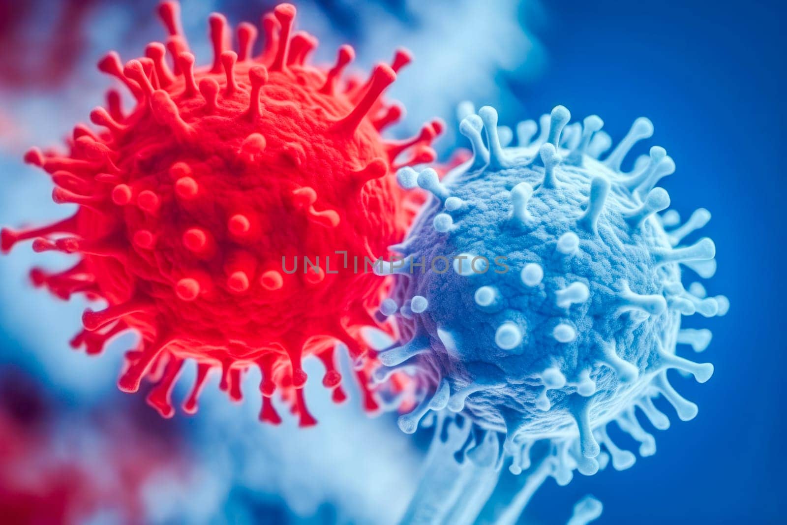 An illustration of a blue-colored virus darting through the bloodstream. Generative Ai