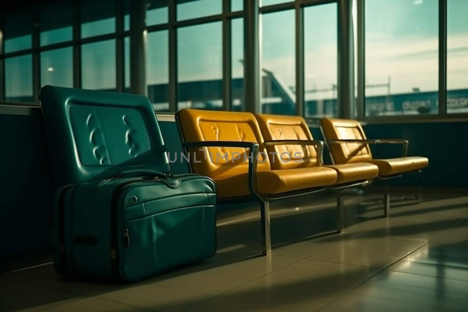 hall tour suitcase indoor building adventure floor air transportation aircraft baggage flight travel fly business traveler departure terminal aeroplane bag. Generative AI.