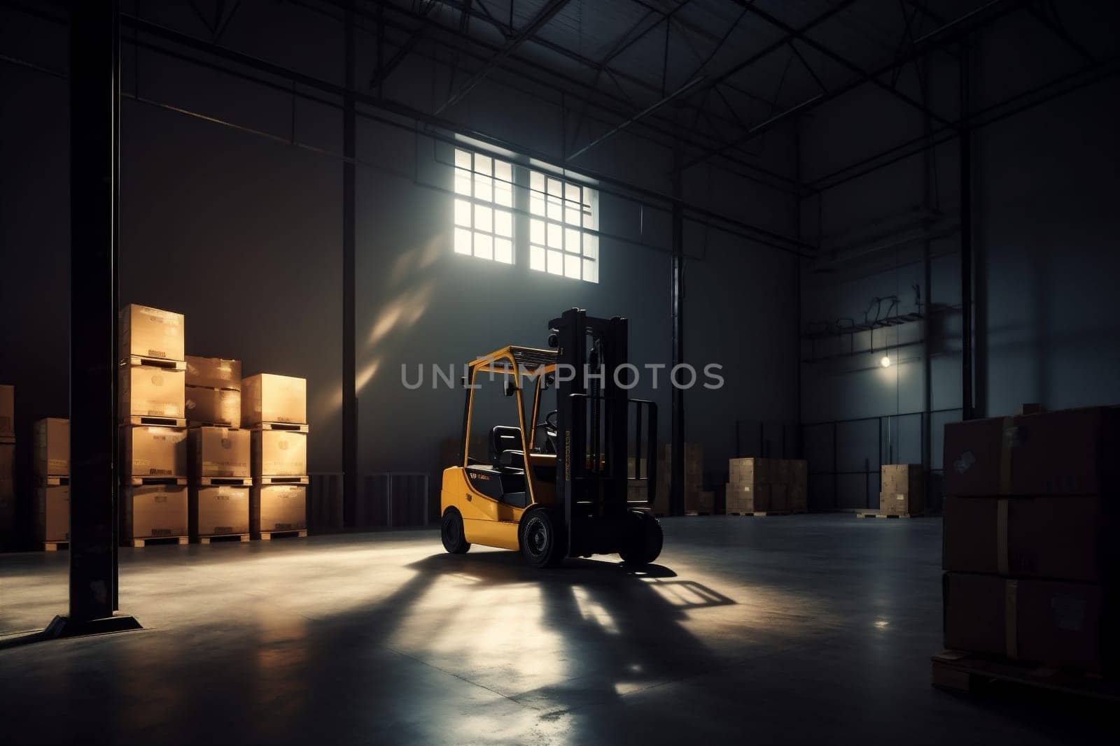 cargo distribution stockpile forklift delivery equipment box warehouse container commercial machine transportation logistic operator sun industrial unloading storage crate transport. Generative AI.
