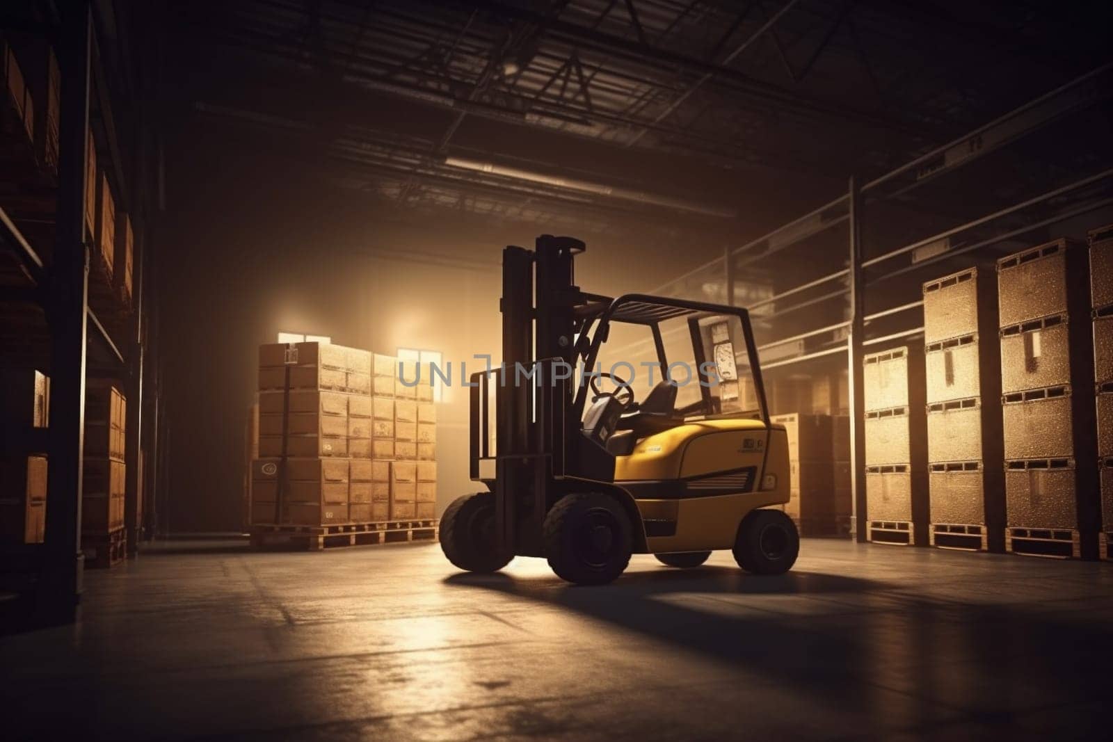 transportation factory logistic cardboard truck operator handling sun transport storage unloading box storehouse distribution forklift delivery cargo loading machinery warehouse. Generative AI.