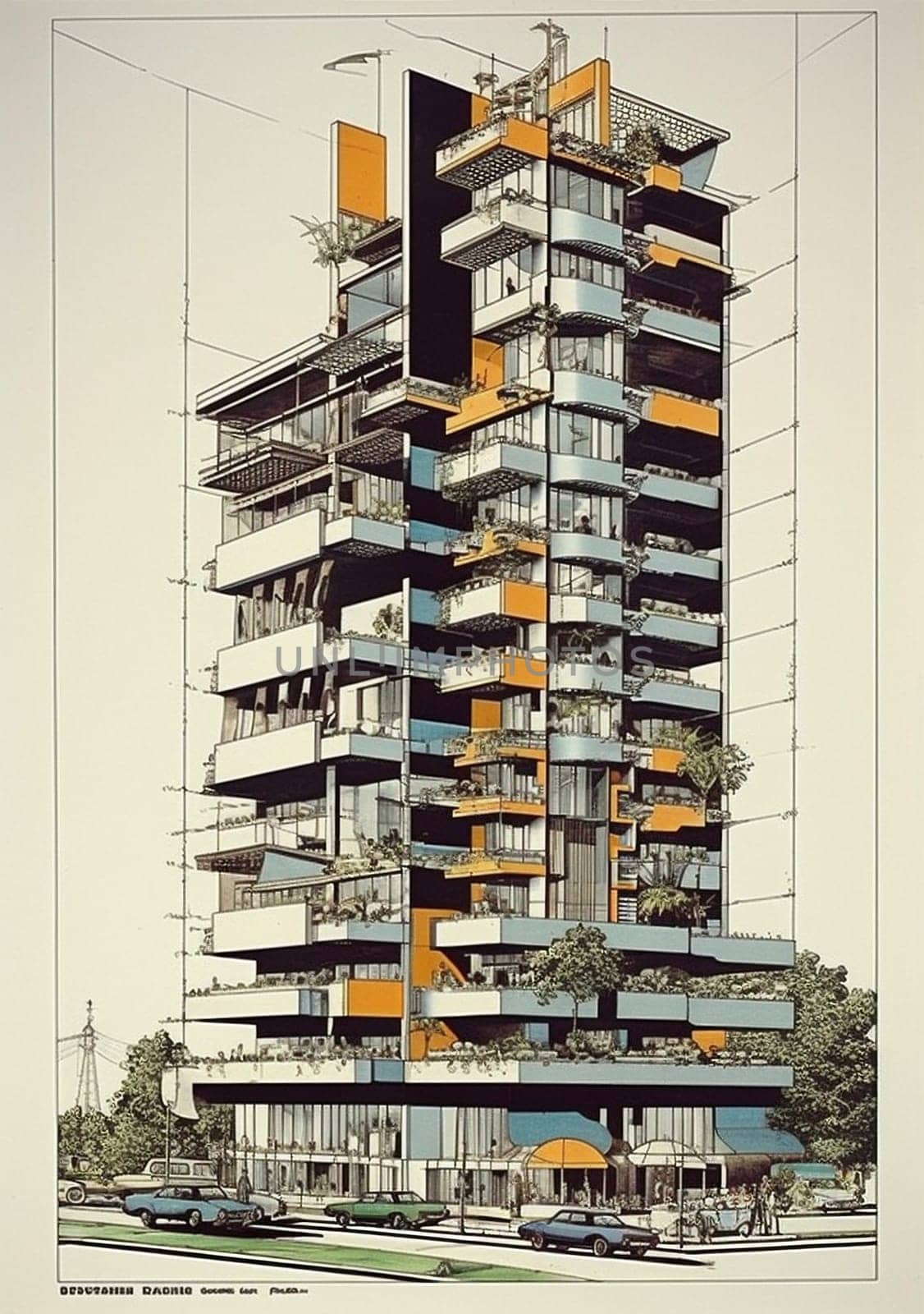 downtown sketch design business building tower high-rise architecture skyscraper urban. Generative AI. by SHOTPRIME