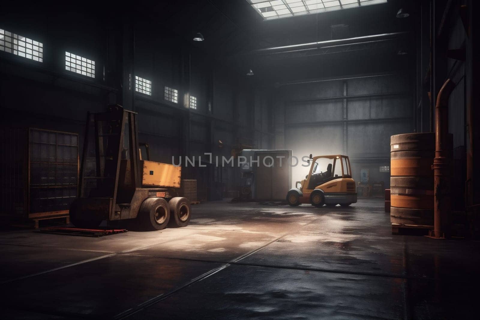 working transportation forklift delivery machinery warehouse container industry factory vehicle shipment logistic facility unloading transport crate storage distribution box cargo. Generative AI.