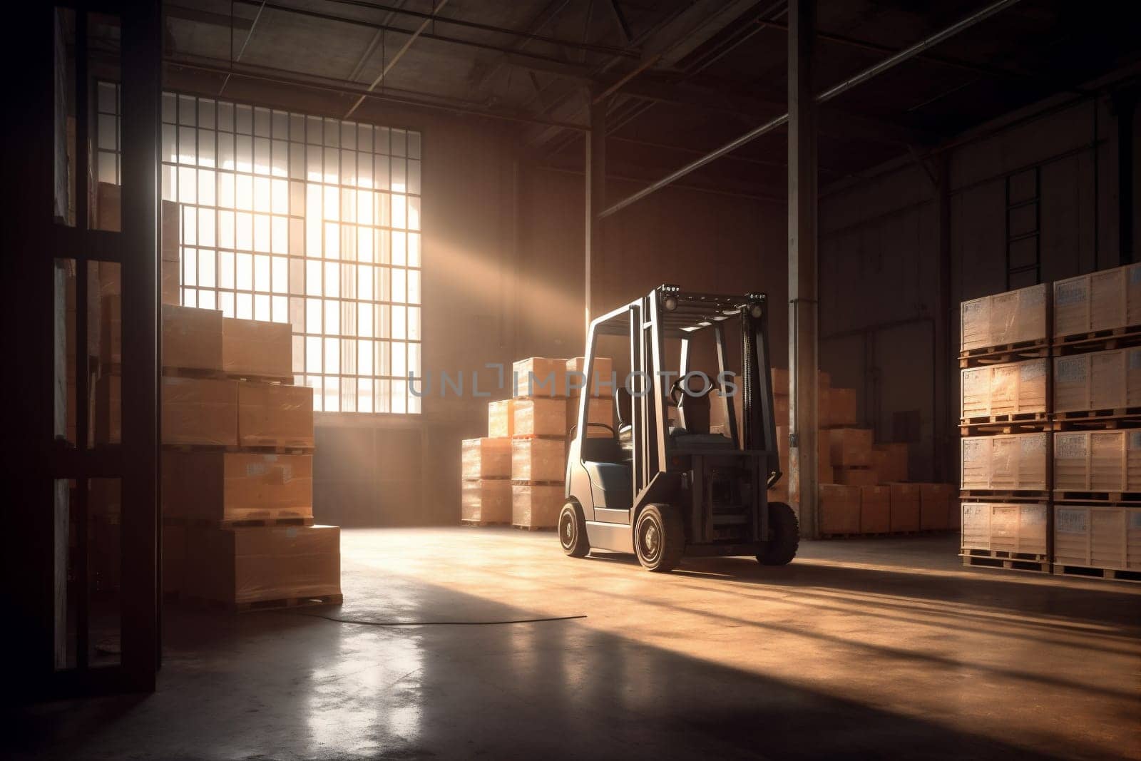 transport loading business industrial warehouse cargo box truck equipment rack sun distribution handling shipment transportation forklift delivery loader storage logistic. Generative AI.