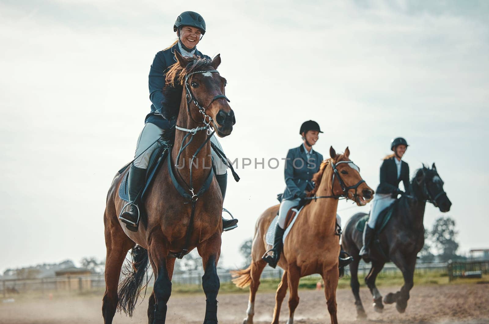 Equestrian, horse riding and sport, women in countryside outdoor with rider or jockey, recreation and speed. Animal, sports and fitness with athlete, group and competition with healthy lifestyle.