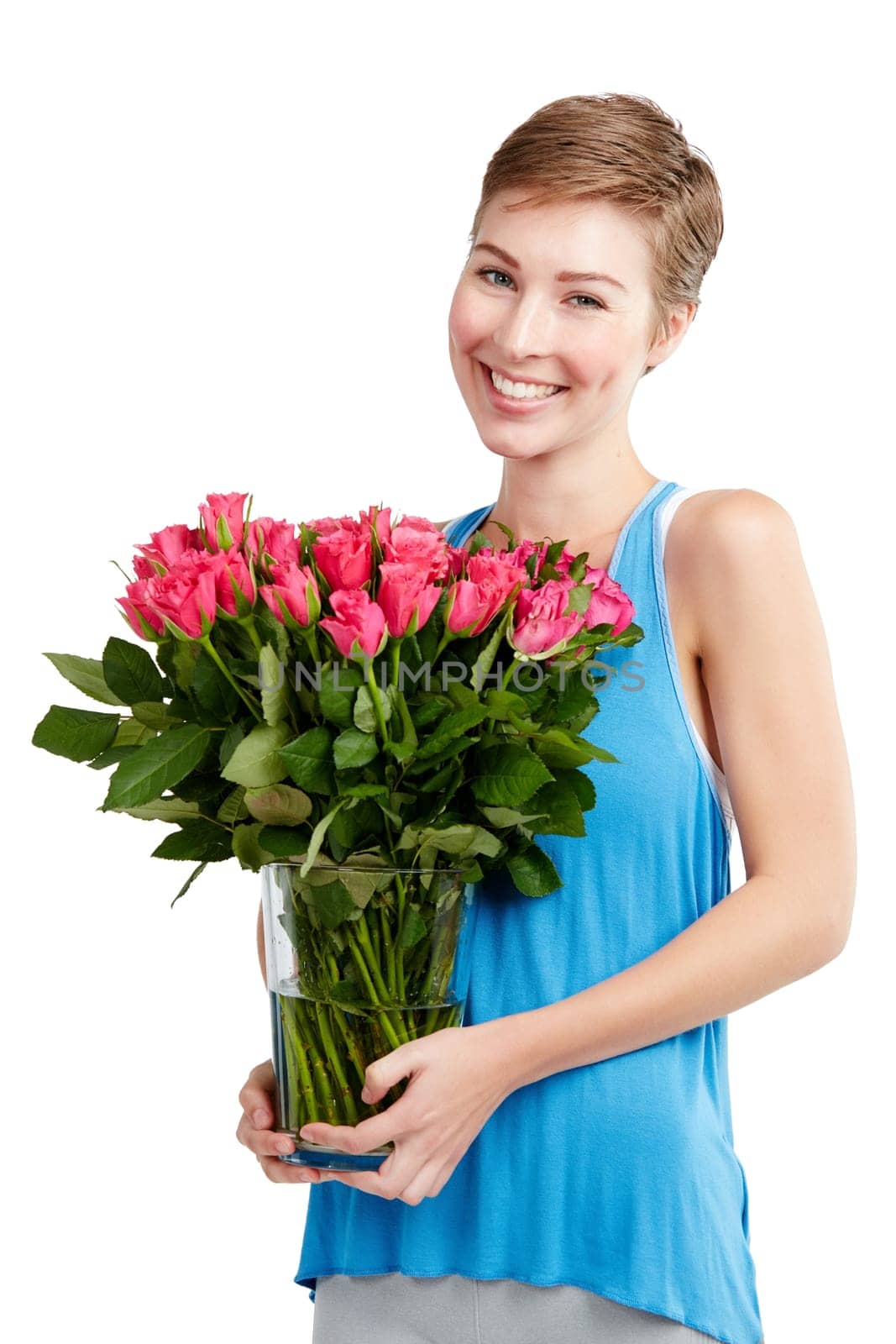 Woman, smile and roses in portrait, happy with Valentines day gift and love, nature isolated on white background. Face, beauty and romance with celebrate holiday or anniversary with flowers in studio.