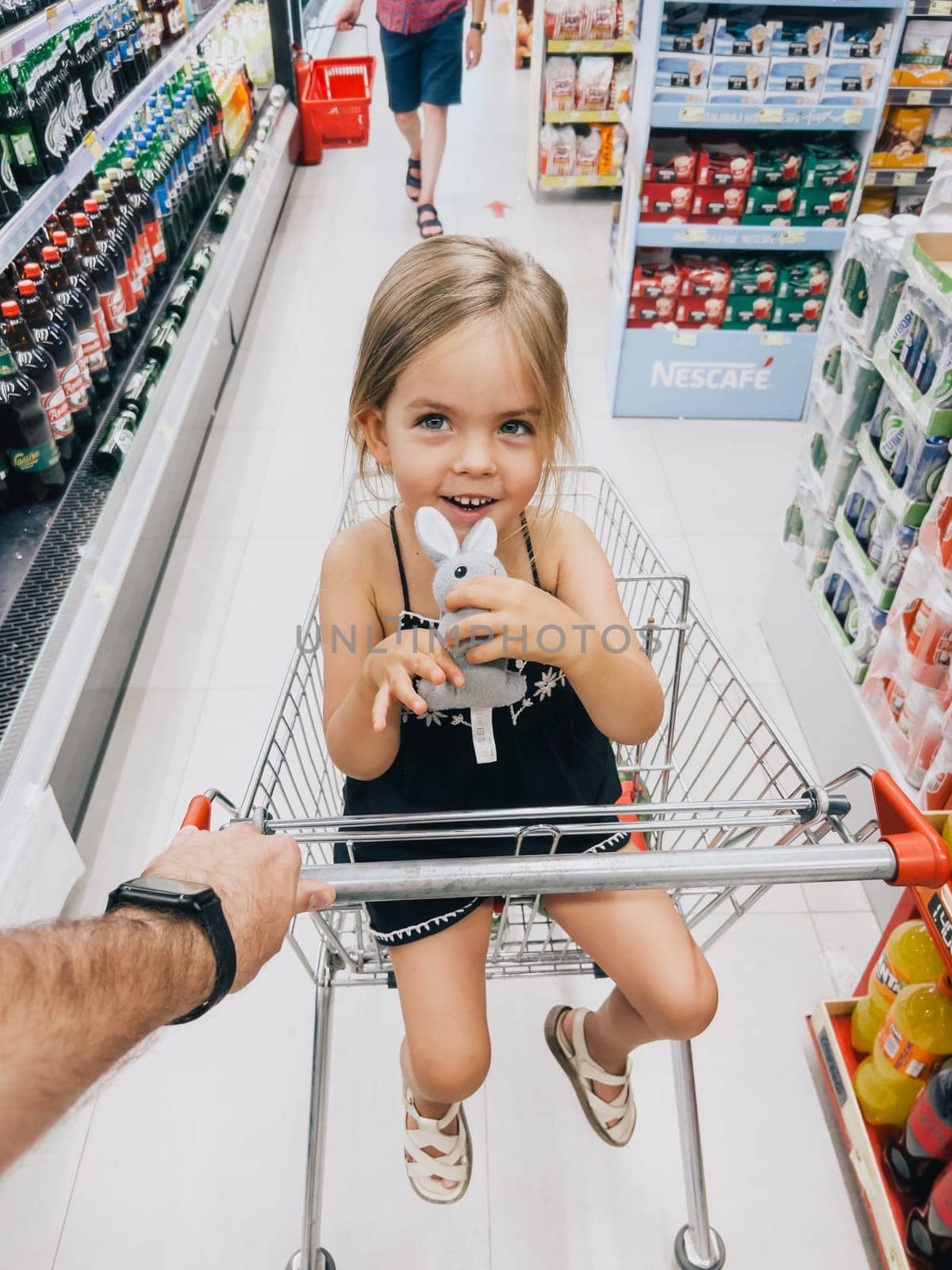Dad carries a little girl with a plush rabbit in her hands in a supermarket cart. High quality photo
