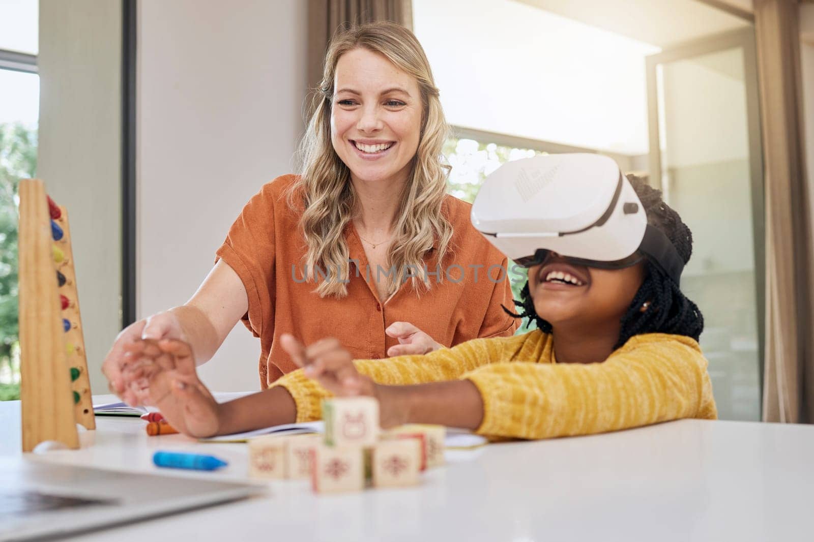 VR, education and mother with child for teaching, metaverse studying and 3d homework. Creative, innovation and interracial mother helping an African girl with technology for knowledge together.