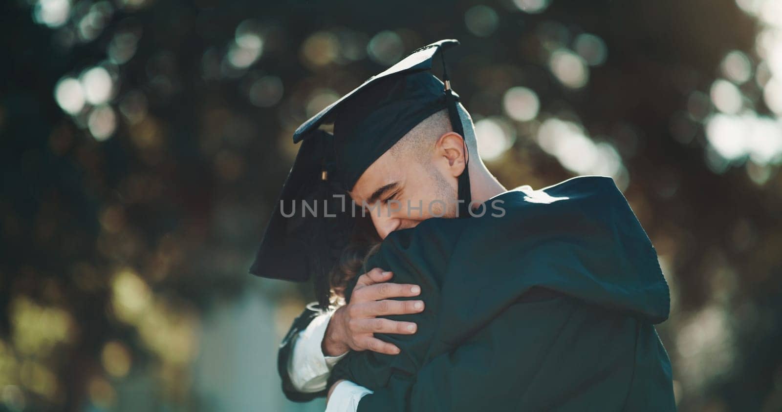 Hug, graduation and education with friends in college for celebration, scholarship and congratulations. Study, university and success with students hugging on campus for achievement, school and event.