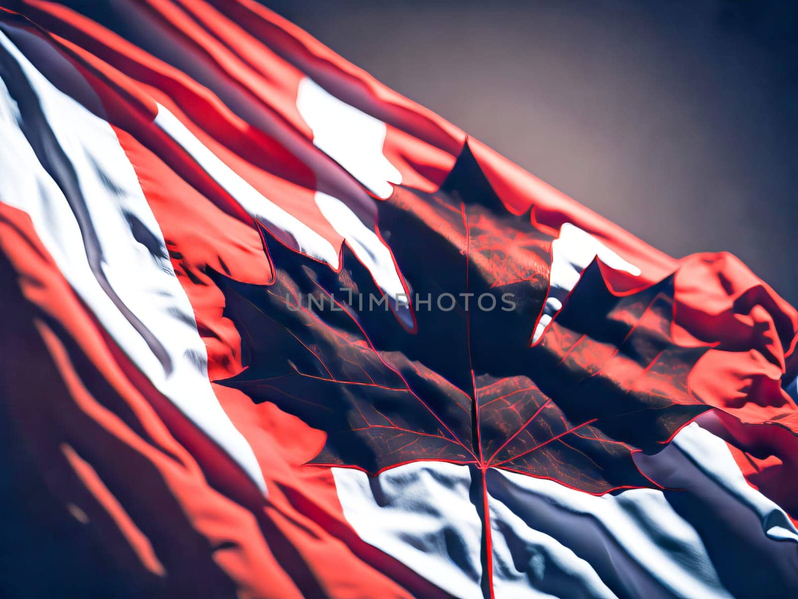 Detailed close up of the national flag of Canada waving in the wind on a clear day. Democracy and politics. North american country. Generative Ai