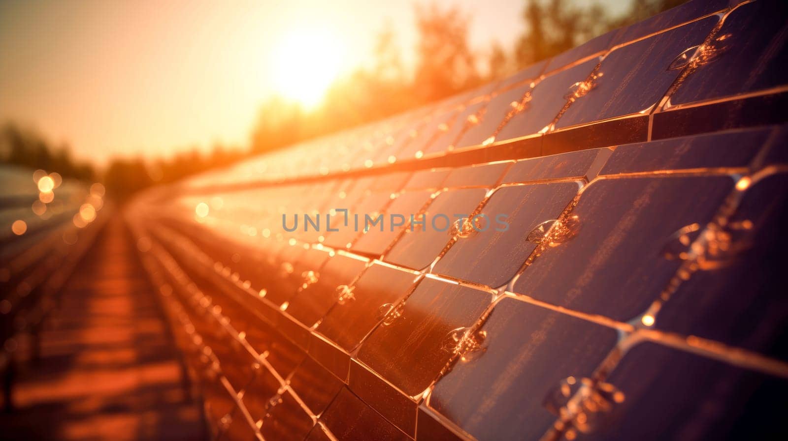 Aerial drone view of large solar panels at a solar farm at bright sunset. Generative Ai