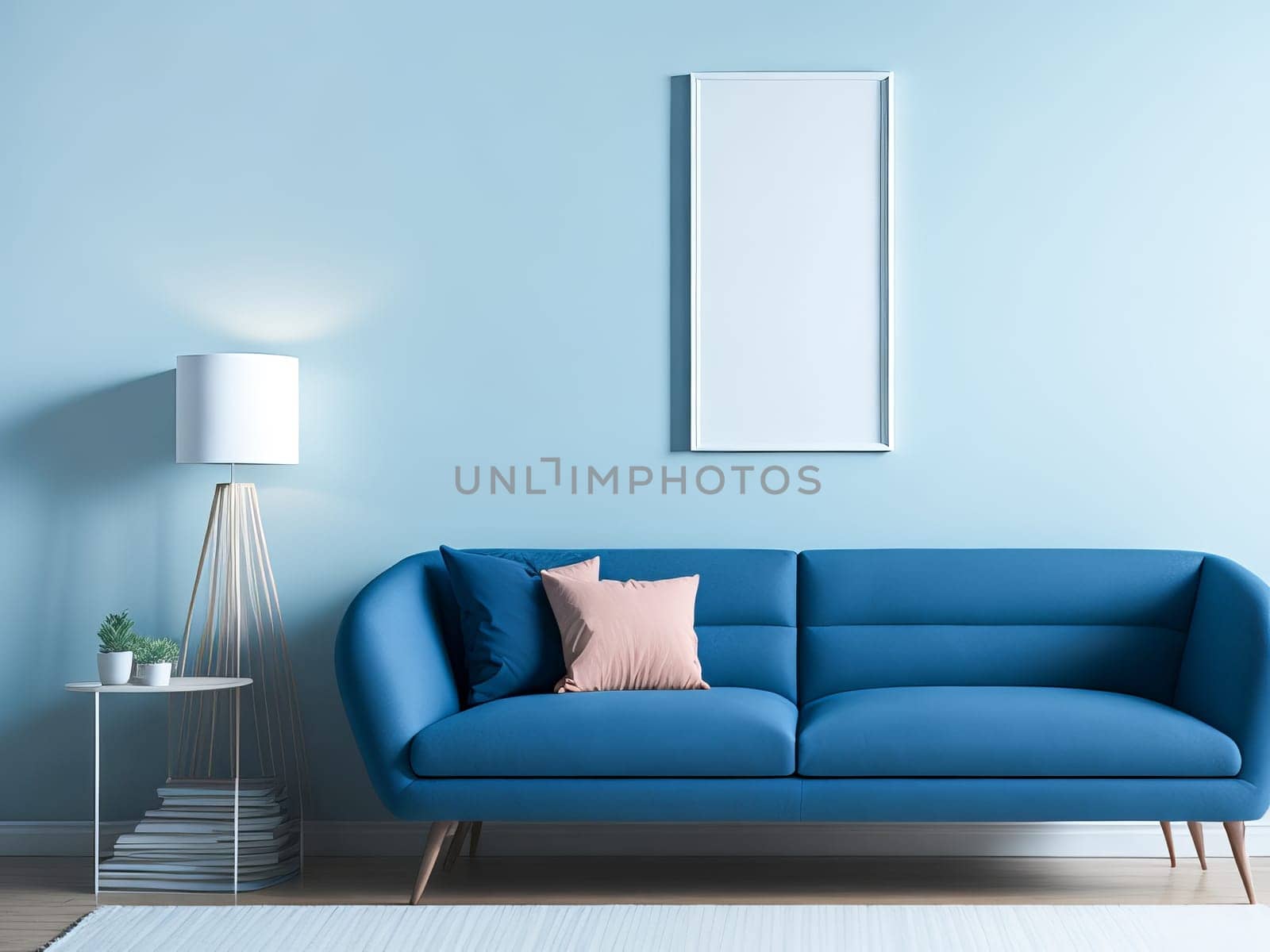 Blank frame mockup for artwork or print on pastel blue wall with blue couch, copy space. Interior design. Generative Ai