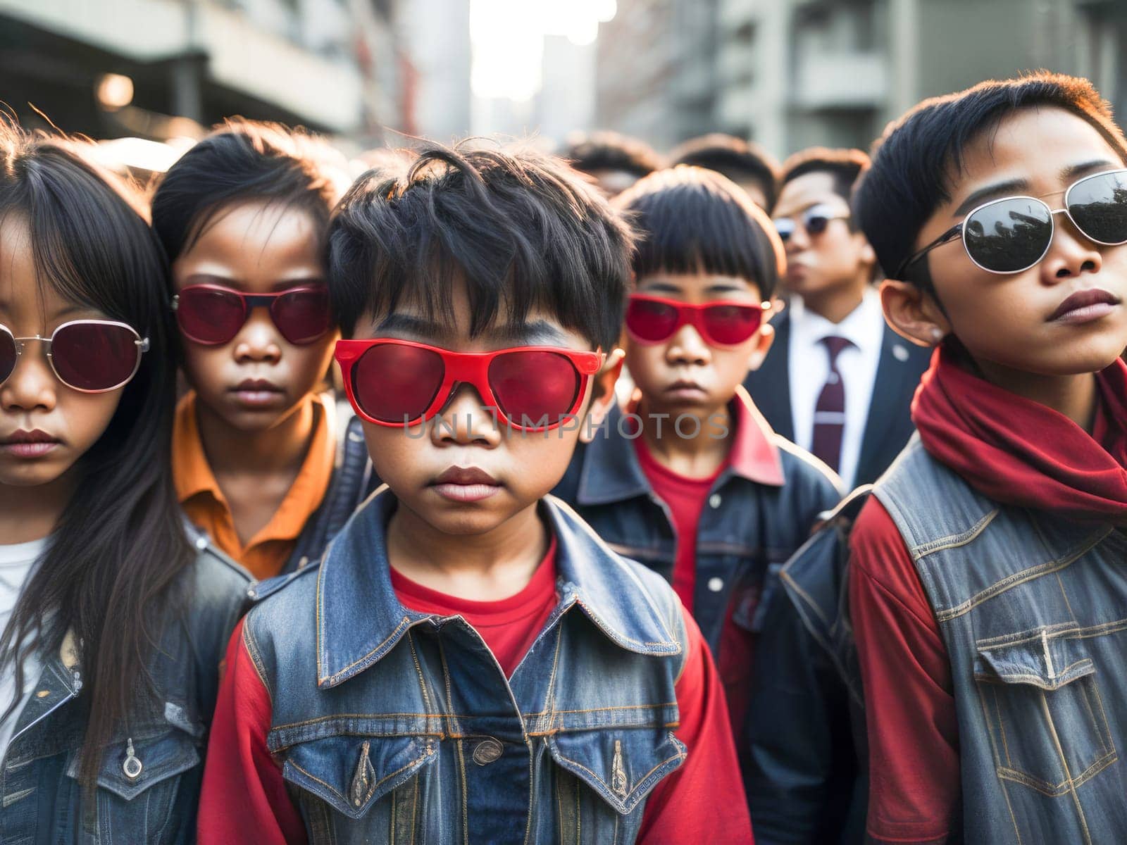 Cute group of asian kids in red sunglasses wearing stylish denim jacket looking at the camera standing on a blurred city background. Hipster boy, girl, child. Generative Ai