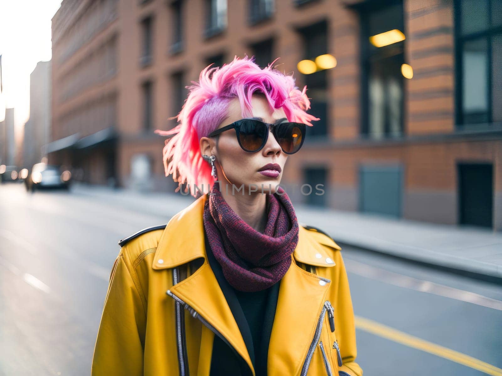 Charming caucasian woman with pink hair in sunglasses wearing stylish yellow leather jacket looking at the camera standing on a blurred city background. Hipster girl. Generative Ai