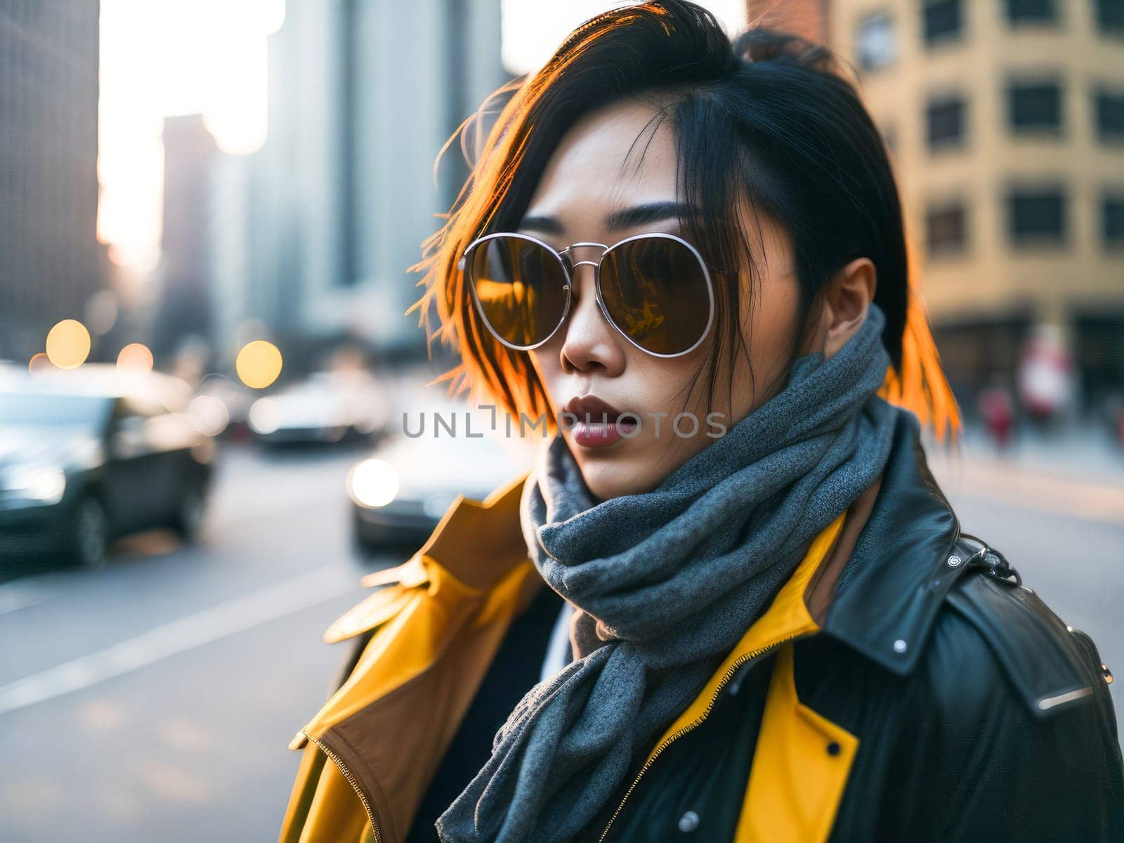 Charming asian woman in sunglasses wearing stylish yellow leather jacket looking at the camera standing on a blurred city background. Hipster girl. Generative Ai