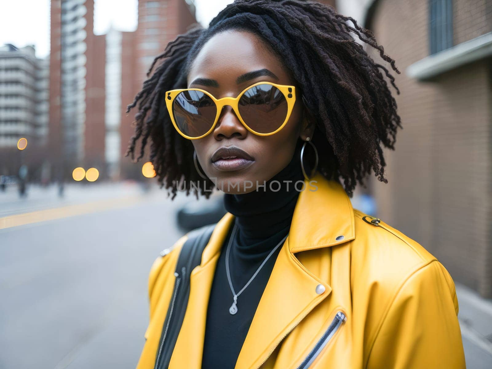 Charming black woman in yellow sunglasses wearing stylish yellow leather jacket looking at the camera standing on a blurred city background. Hipster girl. Generative Ai