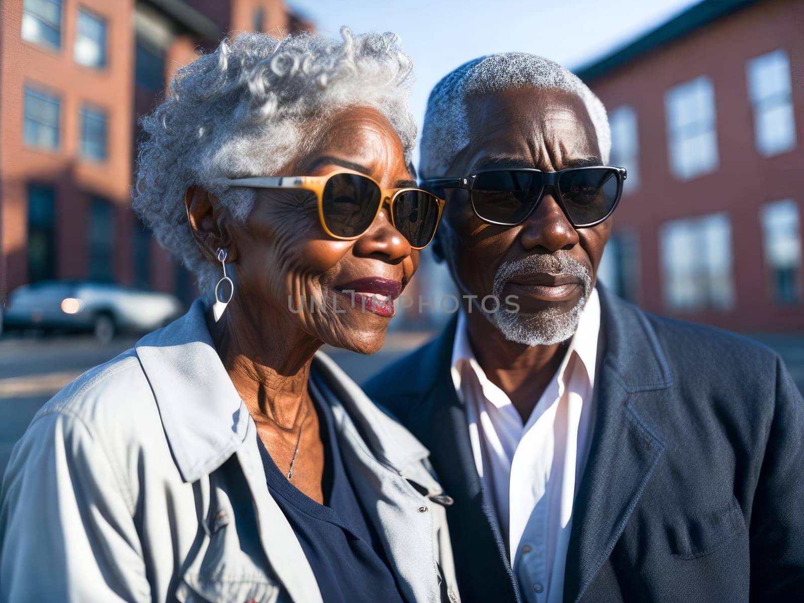 Smiling black senior couple with grey hair in sunglasses with modern clothes walking at the city enjoying the retirement together. Generative Ai