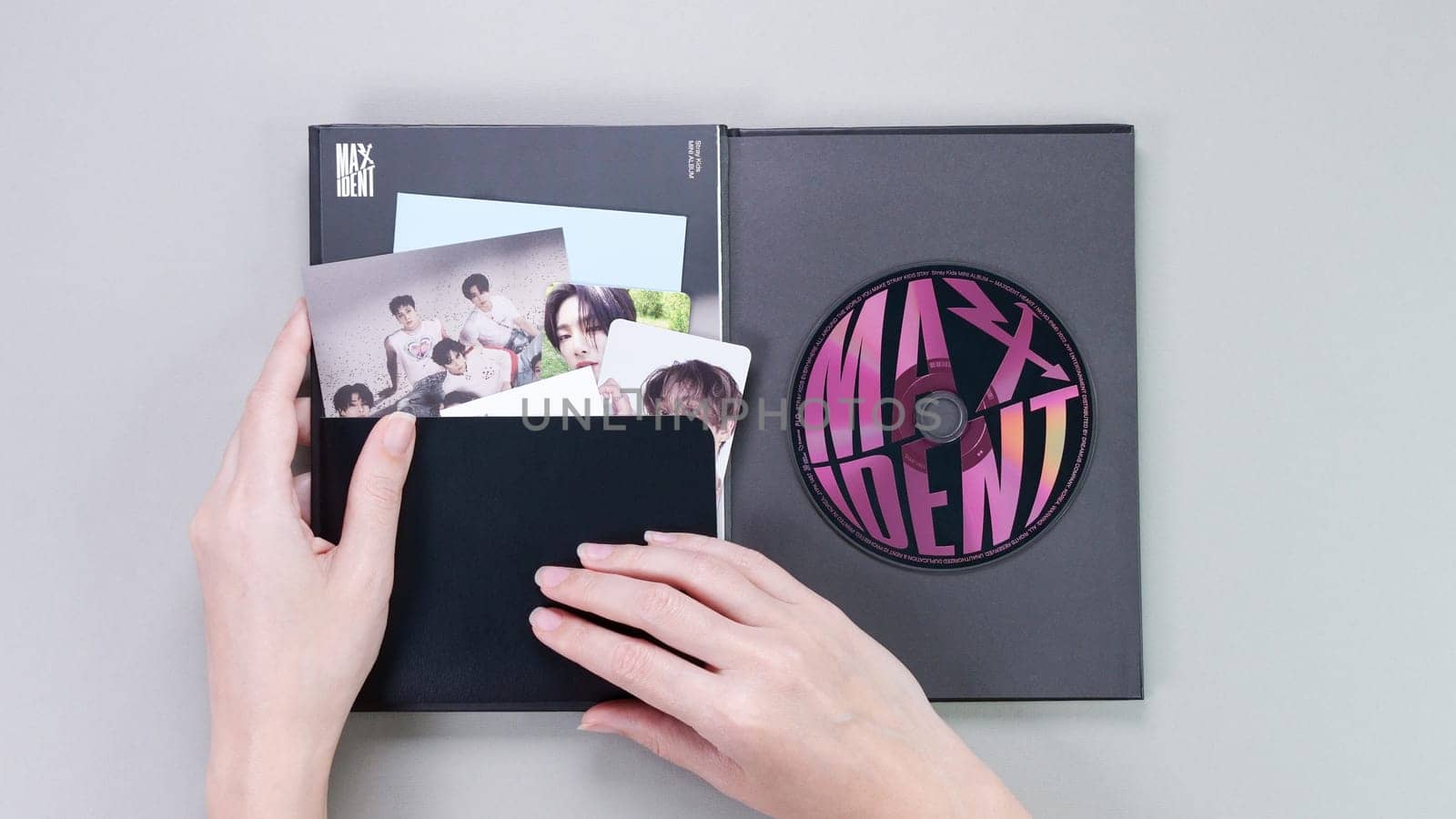Stray Kids MAXIDENT mini Album Box set on grey. Music CD. South Korean boy band StrayKids. Space for text. Gatineau, QC Canada - December 07 2022.