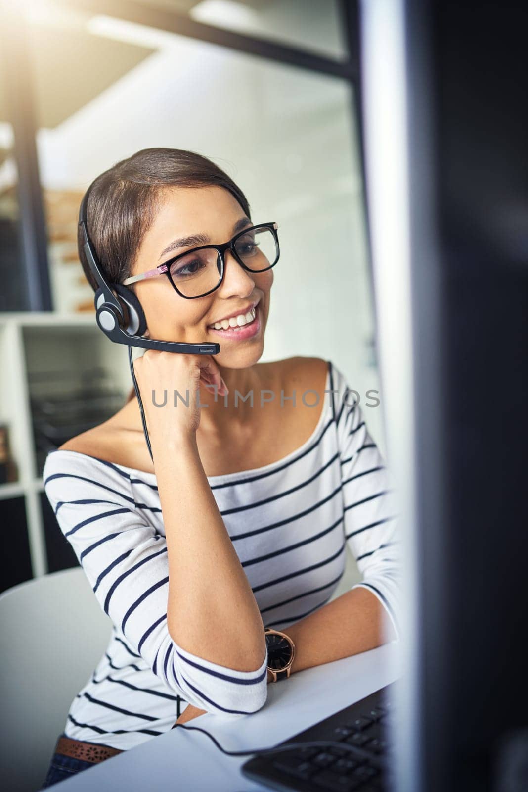 Call center, happy and woman for customer service on computer for consulting, help and advice. Telemarketing, communication and female consultant for contact, crm support and networking in office.