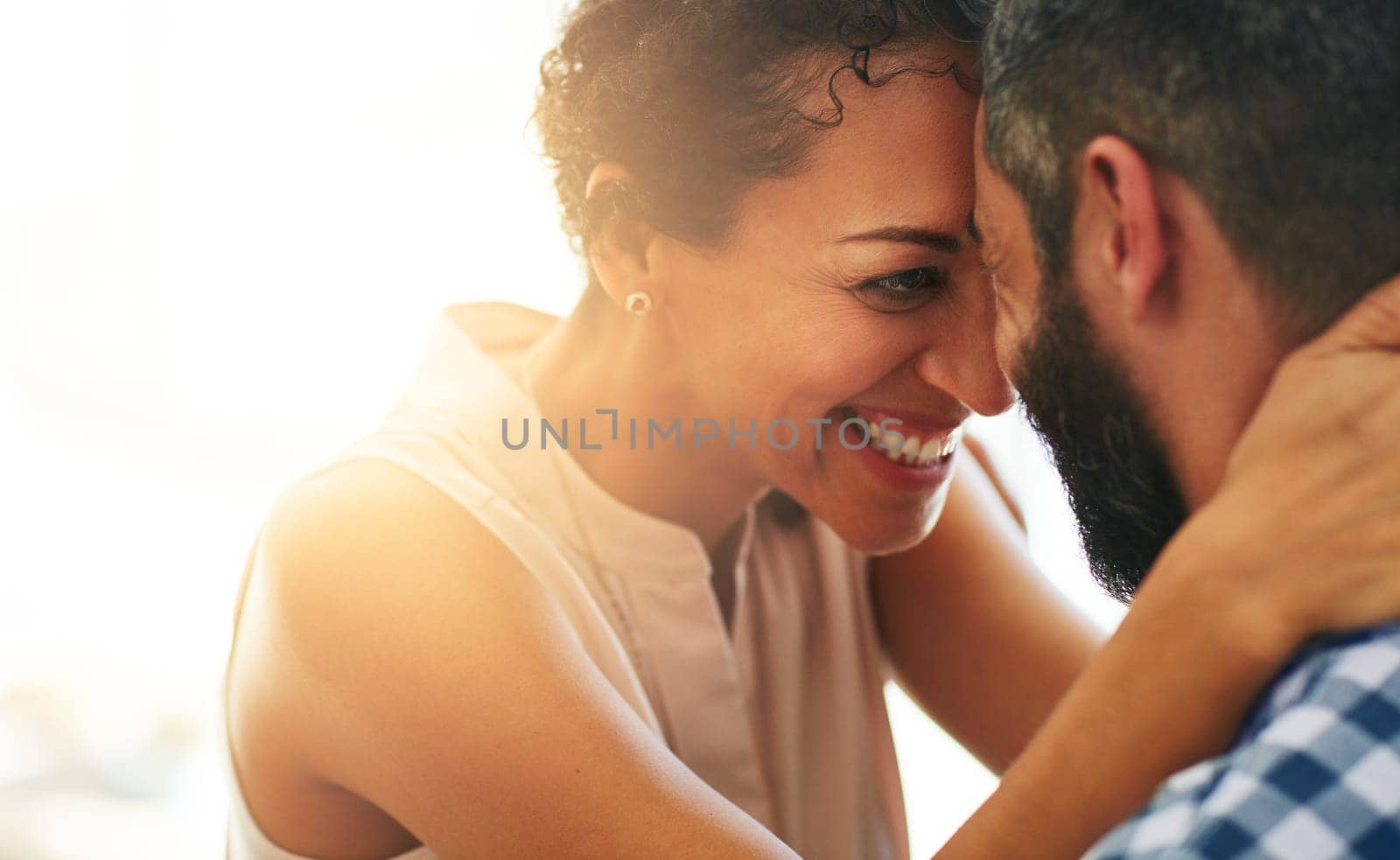 Love, marriage and forehead to face of couple for commitment, loving embrace and trust outdoors. Smile, happiness and intimate man and woman for romance on holiday, vacation and weekend together.