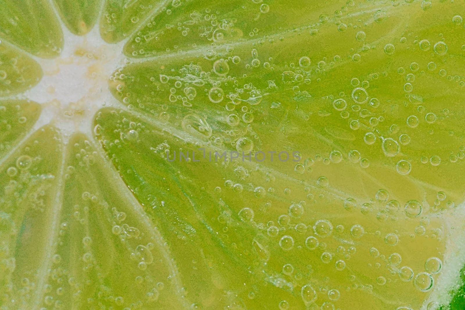 Close-up of a lime slice in liquid with bubbles. Slice of ripe lime in water. Close-up of fresh lime slice covered by bubbles. Macro horizontal image. by roman_nerud